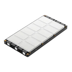 Silver portable power bank with multiple usb ports for charging various electronic devices on a transparent background