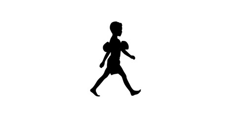 A simple, black silhouette of a child walking, set against a plain white background.