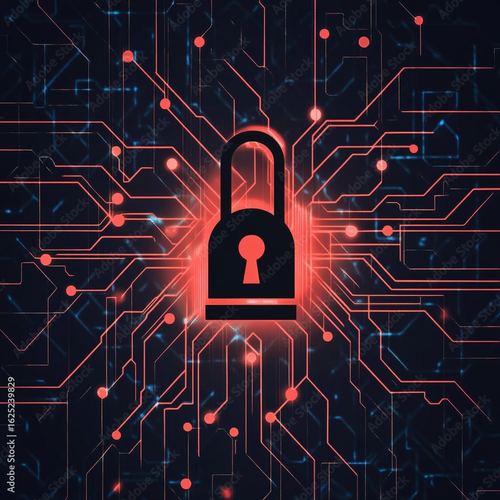 Poster secure your digital world with this modern cyber security lock and glowing network design today