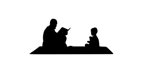 A simple, impactful silhouette image of a father reading a book to a child, sitting on a rug.
