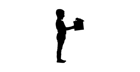 A simple black silhouette of a child, likely a boy, standing and holding a small gift box.