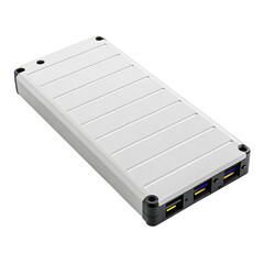 Silver portable power bank with multiple usb ports for charging various electronic devices on a transparent background
