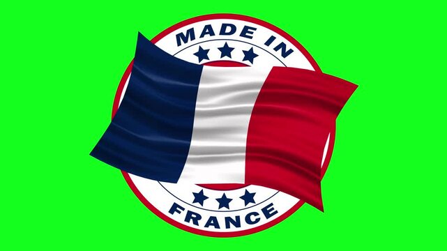 made in France animated icon on green screen with national flag of france.