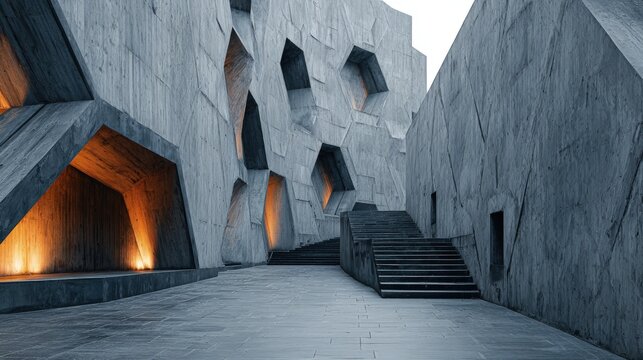 Exterior of a geometric abstract building with textured concrete surfaces and rhythmic angular forms