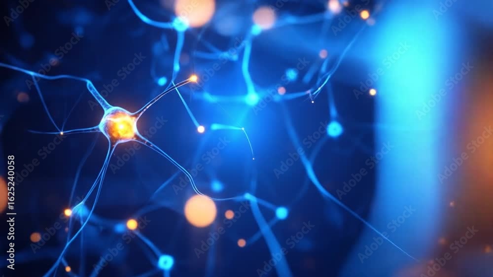 Poster abstract neural network connection nodes in blue background with orange light molecular structures