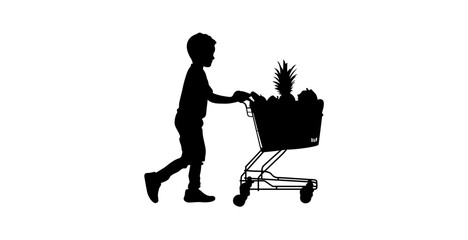 A simple, impactful silhouette of a young boy pushing a shopping cart filled with groceries.