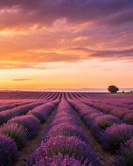 Lavender field at sunset with dramatic clouds, vibrant purple rows and lone tree, serene nature landscape in full bloom