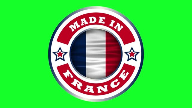 made in France logo icon on green screen with waving national flag in center. premium quality and France production concept.
