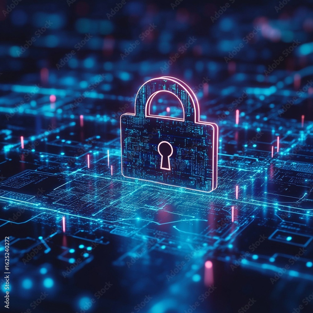 Aufkleber advanced cybersecurity padlock protecting digital network from cyber attacks with glowing blue techn