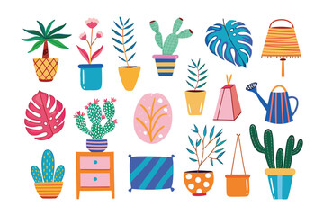 Vibrant Indoor Greenery Illustration: A colorful collection of potted plants, each showcasing unique botanical designs, from cacti to tropical leaves.
