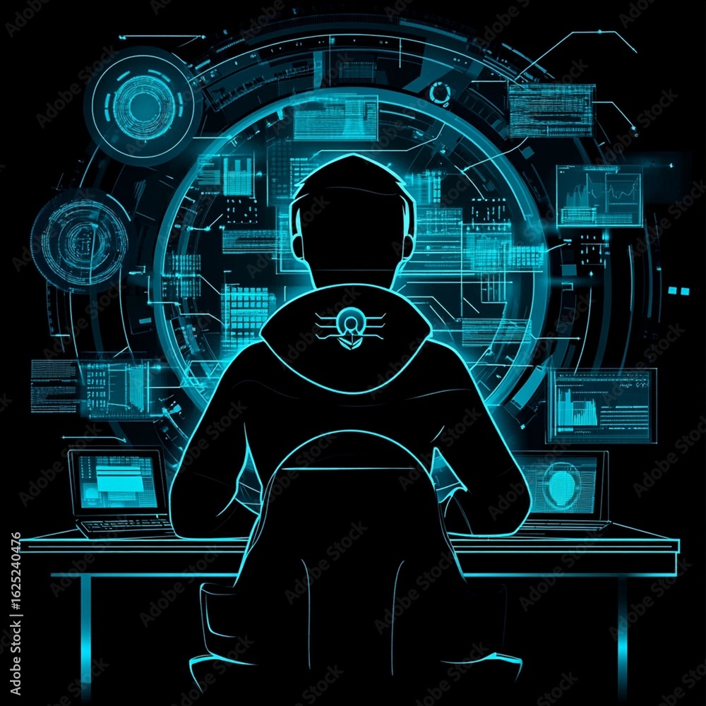 Poster cybersecurity expert analyzing data streams with futuristic holographic interface and digital laptop