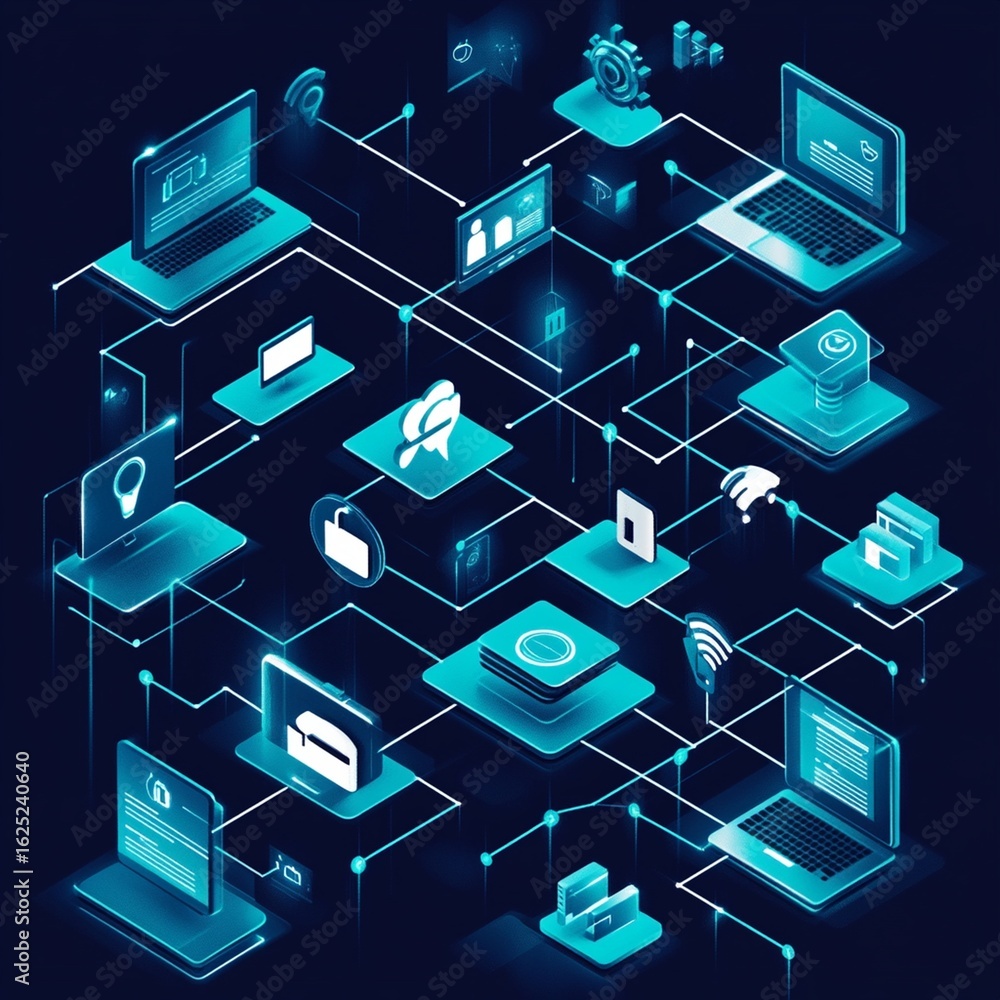 Poster modern isometric technology network connecting laptops, data, and security icons for secure global s