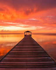 Fototapeta premium Wooden pier with gazebo at sunrise or sunset, calm water reflection, vibrant sky colors, tranquil nature scene