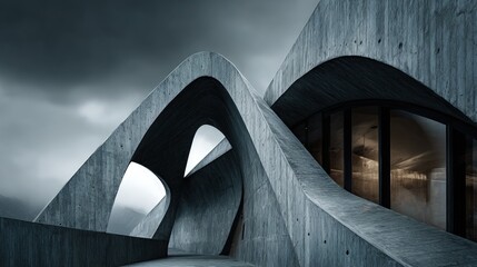 Sleek exterior of an abstract concrete structure with curved and angular geometric elements high contrast