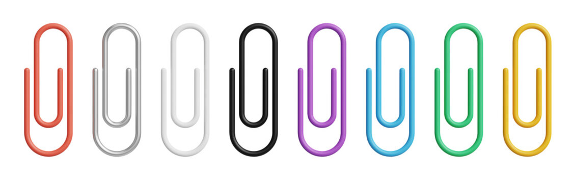 Colorful paperclip set 3d illustration icon isolated on transparent background. Red, metallic, white, black, purple, blue, green and orange paper clip. png
