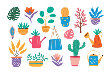 Botanical Collection: An artistic assemblage of various potted plants, capturing the beauty and diversity of nature's greenery with illustrated details for decorative purposes.