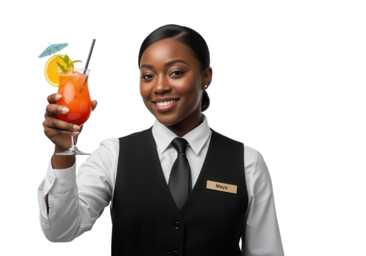 Smiling African American Bartender Serving a Tropical Cocktail on White