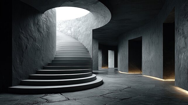 Surreal abstract design with floating staircases distorted perspectives and a monochromatic color scheme in a modern interior