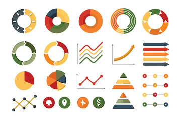 Business Data Infographics: An engaging collection of illustrative data charts, including vibrant pie charts, growth curves, and visual elements, perfect for conveying business insights. 