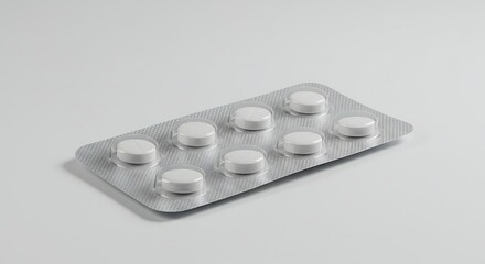 A blister pack containing eight white, round pills on a plain white background.