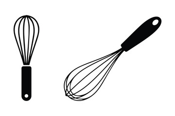 Minimal black whisk icons for baking, cooking, and kitchen tools illustrations.