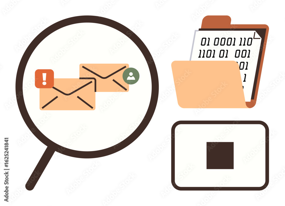 Poster magnifying glass over emails, alert notification, binary code in folder, and qr code highlight cyber