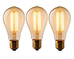 Three vintage light bulbs are glowing warmly with their filaments visible against a transparent background