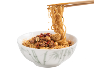 Spicy Dan Dan Noodles with Chopsticks on White