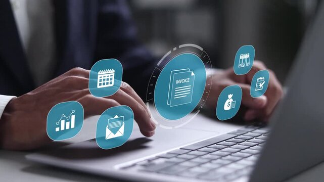 E-invoice and online digital statements concept. Businessman using laptop with digital invoice management system.