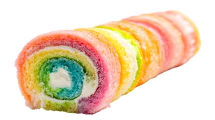 A colorful cake roll with a white center. The cake is made of different colored layers and is cut in half