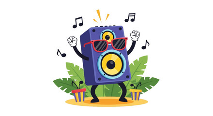 Playful Cartoon Vector SVG Illustration of a Dancing Speaker Character with Sunglasses and Musical Notes in Modern Flat Style
