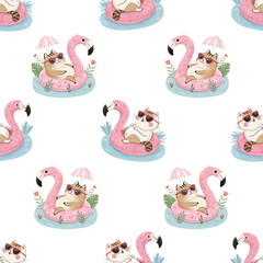 seamless watercolor pattern cat on white background