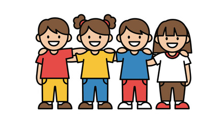Cute Cartoon Vector SVG Illustration of Four Children with Arm Around Each Other in Bright Colors in Flat Modern Style