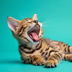 Obraz premium Yawning Bengal Kitten Portrait Cute Striped Cat Stretching with Mouth Open on Teal Background