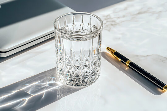  white desk with  laptop, a clear glass of water, and a black pen, 