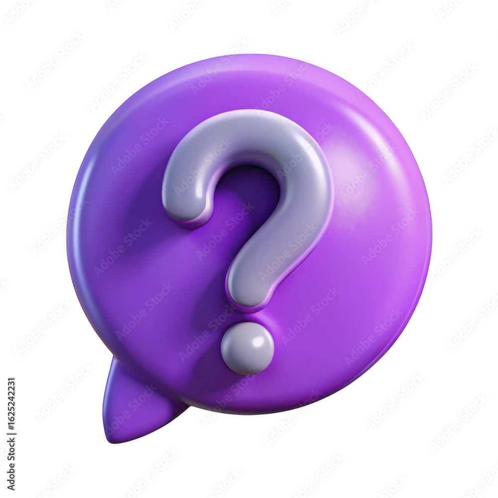 Poster purple speech bubble with a white question mark symbol isolated on transparent background