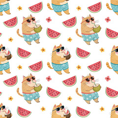 seamless watercolor pattern cat on white background