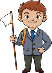  Confident Schoolboy Holding Class Flag – Early Morning Student Leader Illustration