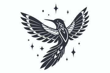 Detailed black hummingbird soars with open wings amidst shimmering diamond star shapes in the sky © Shipon