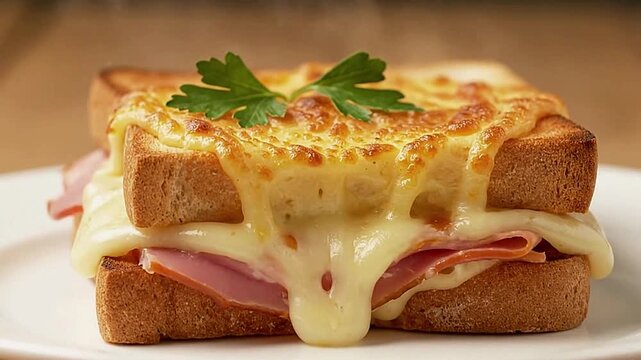 Croque monsieur sandwich with melted cheese and ham filling topped with a parsley sprig