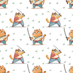 seamless watercolor pattern cat on white background