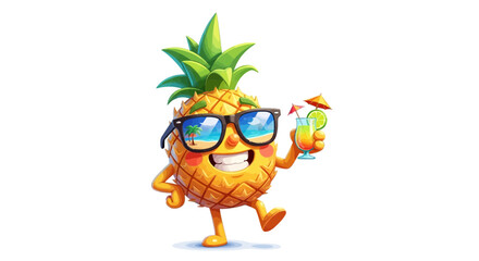 Cartoon Tropical Pineapple Vector SVG Illustration with Sunglasses and Drink in Flat Modern Style