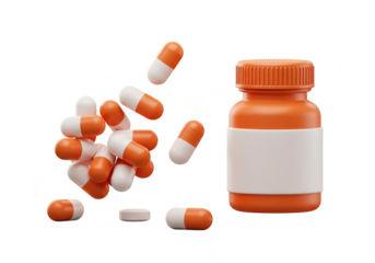 Photo of an orange medicine bottle with a blank label and a scattering of orange and white capsules are isolated on transparent background