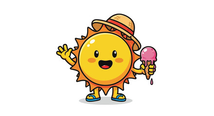 Cute Cartoon Sun Character Vector SVG Illustration in Flat Style with Ice Cream and Straw Hat for Children's Design and Summer Themes