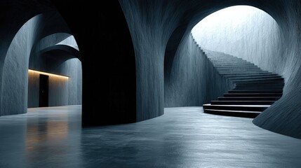 Obraz premium Surreal abstract design with floating staircases distorted perspectives and a monochromatic color scheme in a modern interior