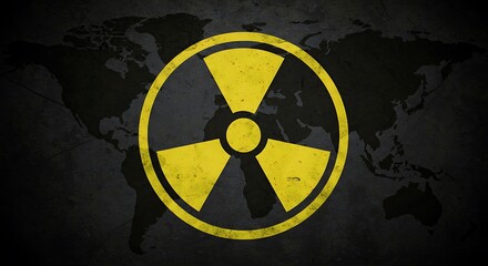 Obraz premium Nuclear radiation symbol over world map represents global threat