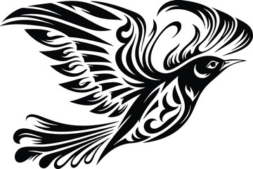 Black tribal bird soars through the air with decorative patterned wings