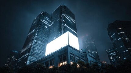 High-tech blank LED billboard on a corporate tower dark screen awaiting creative advertisements