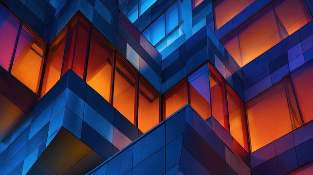 Dynamic abstract building exterior with fragmented planes metallic textures and vibrant neon lighting at dusk