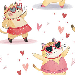 seamless watercolor pattern cat on white background